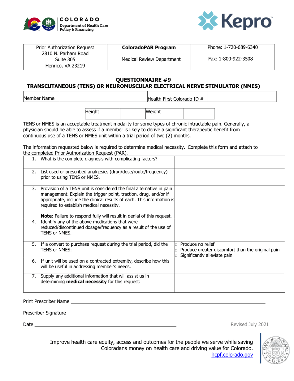 Questionnaire #9 - Transcutaneous (Tens) or Neuromuscular Electrical Nerve Stimulator (Nmes) - Colorado, Page 1