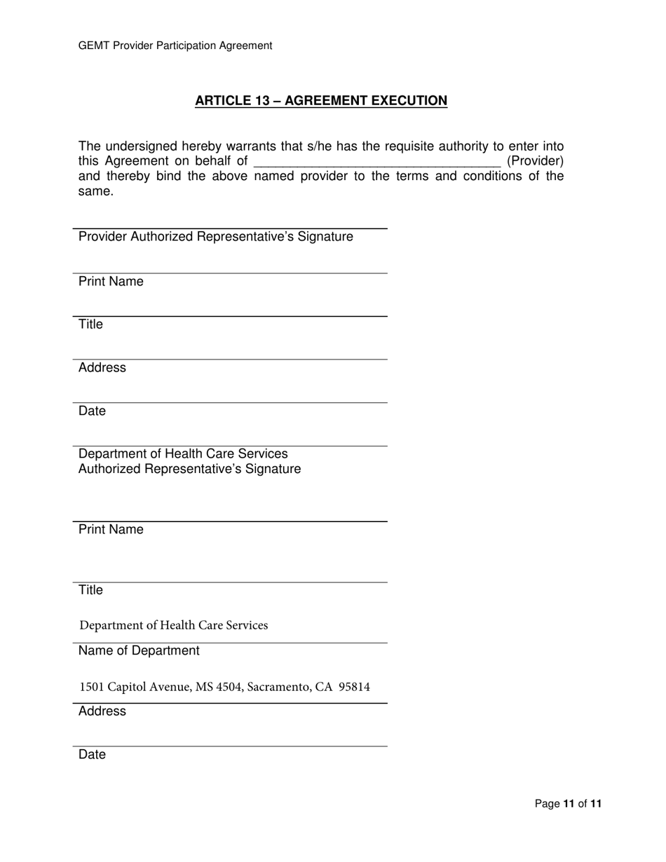 Medi-Cal Ground Emergency Medical Transportation Services (Gemt) Supplemental Reimbursement Program Provider Participation Agreement - California, Page 11