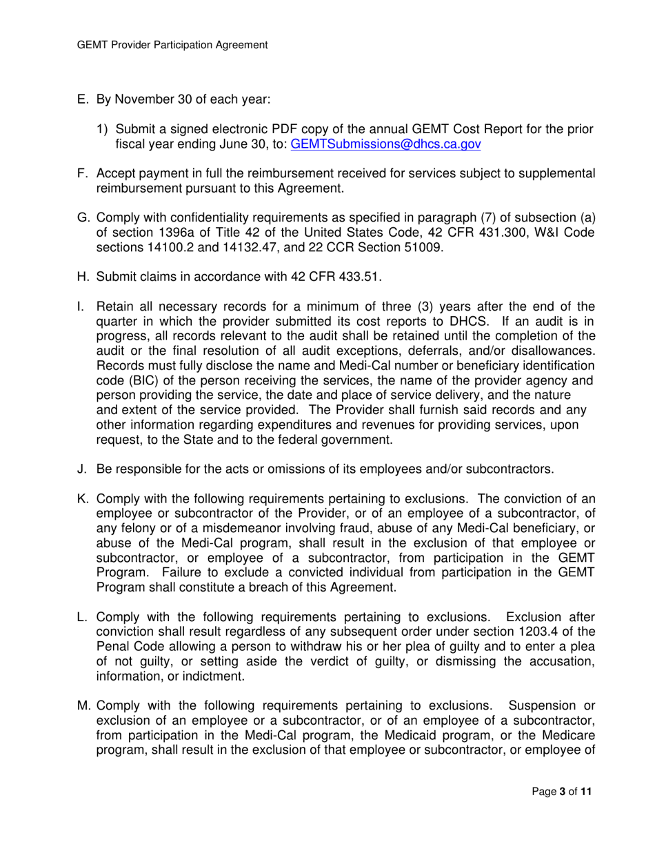 Medi-Cal Ground Emergency Medical Transportation Services (Gemt) Supplemental Reimbursement Program Provider Participation Agreement - California, Page 3