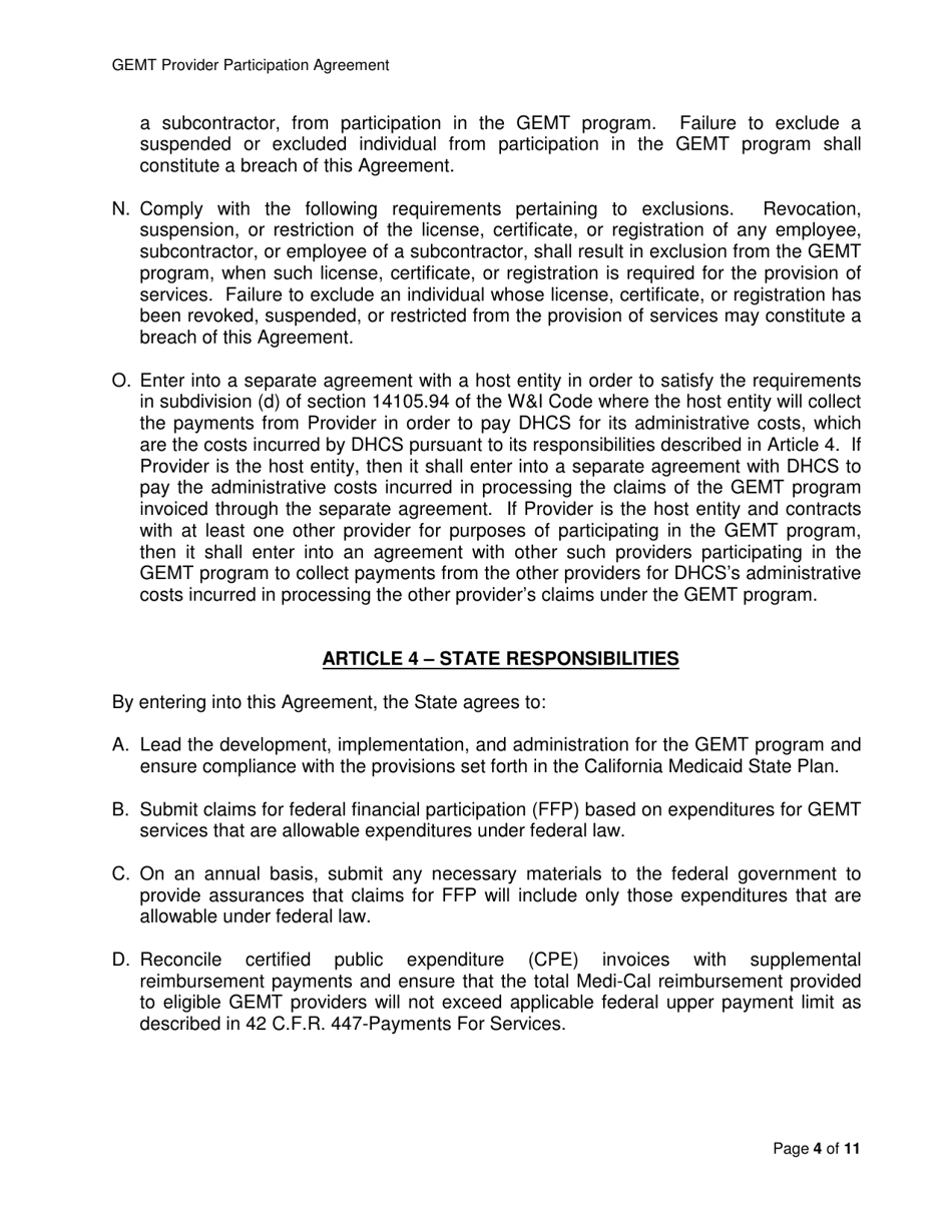 Medi-Cal Ground Emergency Medical Transportation Services (Gemt) Supplemental Reimbursement Program Provider Participation Agreement - California, Page 4