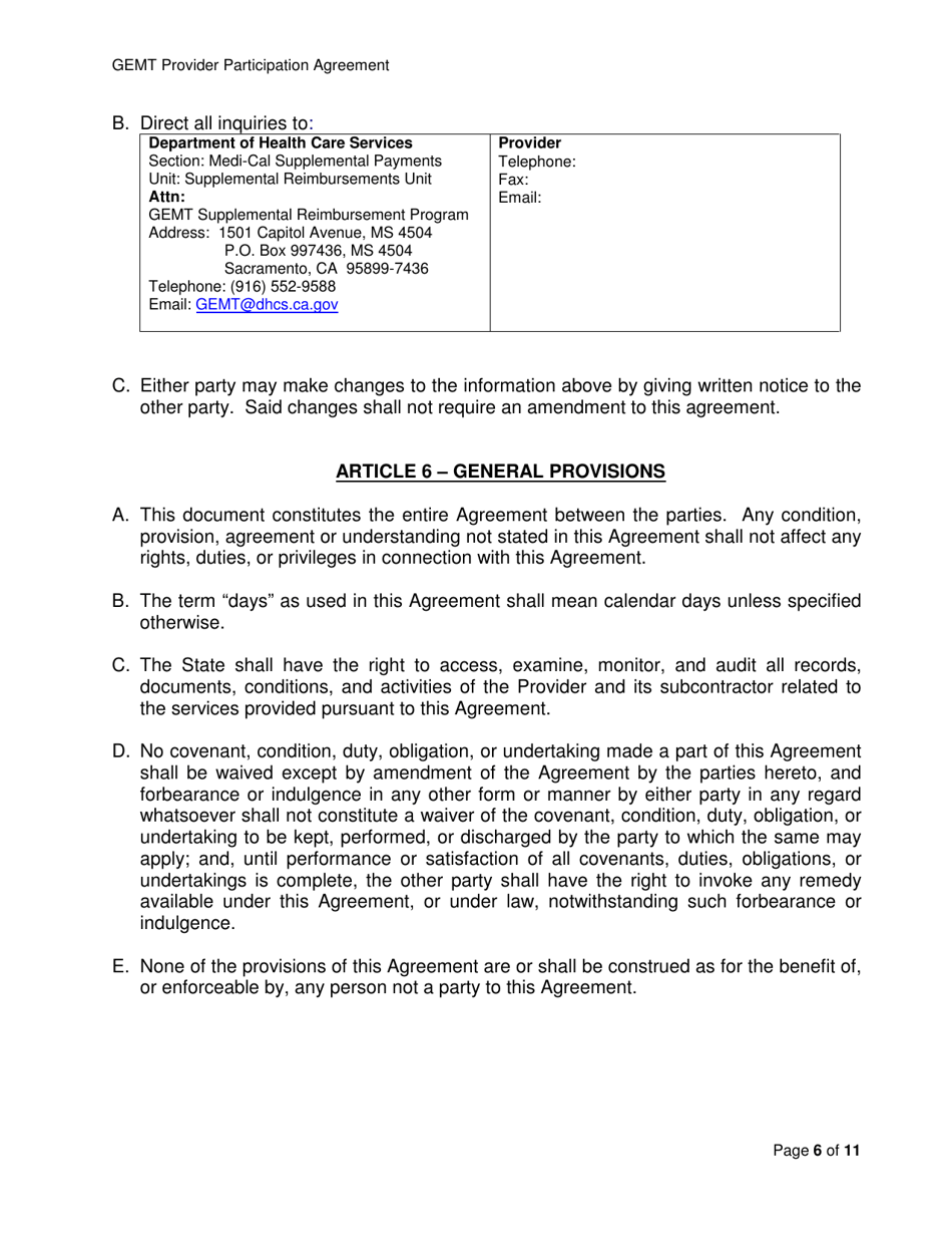 Medi-Cal Ground Emergency Medical Transportation Services (Gemt) Supplemental Reimbursement Program Provider Participation Agreement - California, Page 6