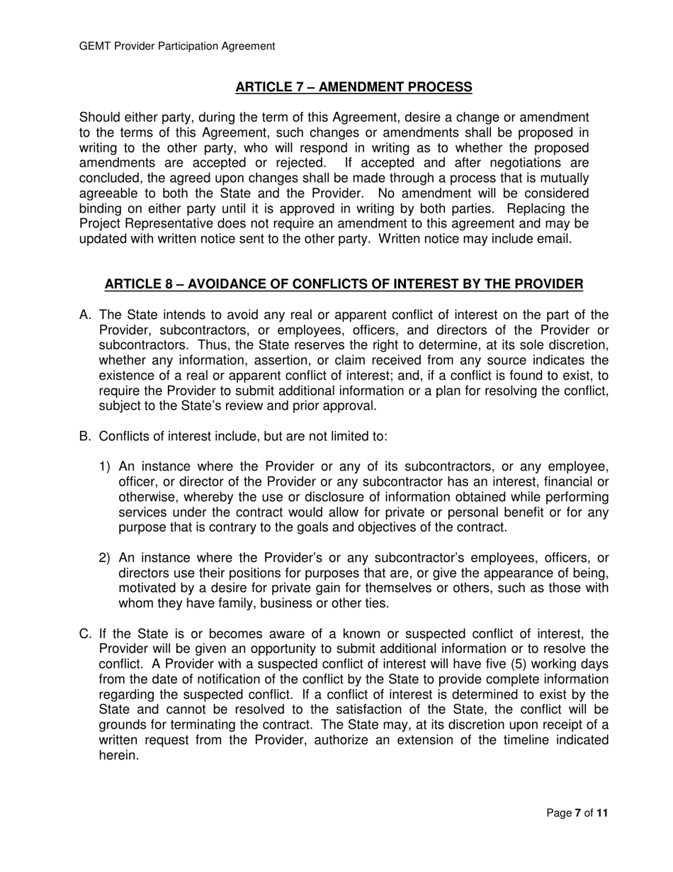 Medi-Cal Ground Emergency Medical Transportation Services (Gemt) Supplemental Reimbursement Program Provider Participation Agreement - California, Page 7