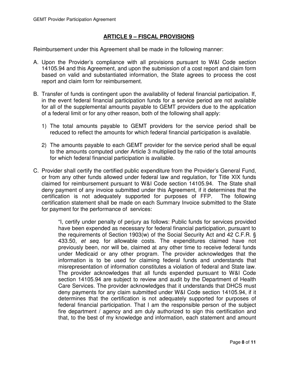 Medi-Cal Ground Emergency Medical Transportation Services (Gemt) Supplemental Reimbursement Program Provider Participation Agreement - California, Page 8