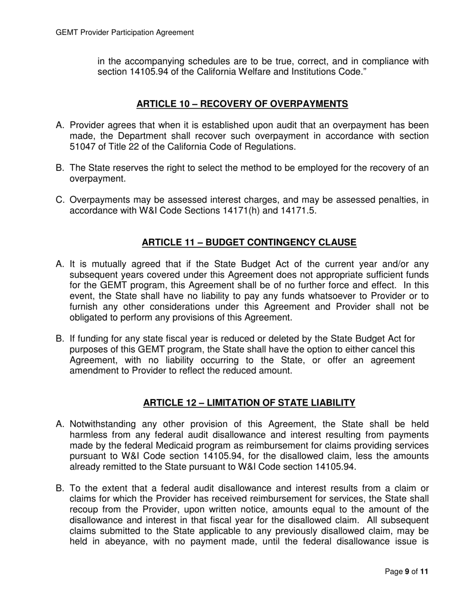 Medi-Cal Ground Emergency Medical Transportation Services (Gemt) Supplemental Reimbursement Program Provider Participation Agreement - California, Page 9
