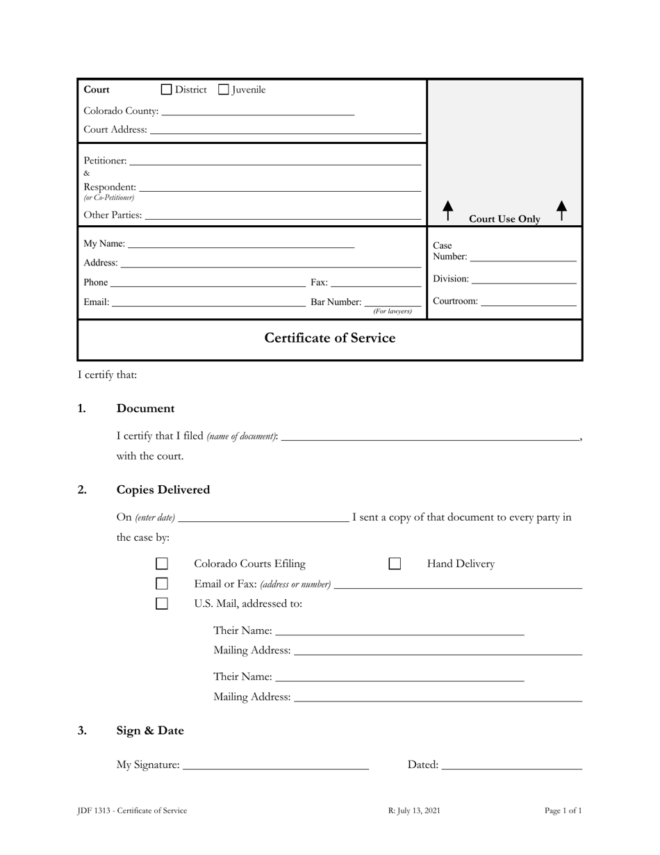 Form JDF1313 Certificate of Service - Colorado, Page 1