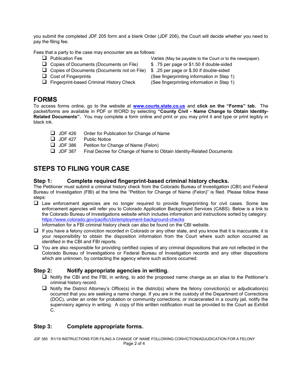 Form JDF385 Instructions for Filing a Change of Name Following Conviction / Adjudication for a Felony - Colorado, Page 2