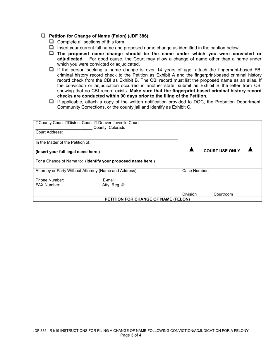 Form JDF385 Instructions for Filing a Change of Name Following Conviction / Adjudication for a Felony - Colorado, Page 3