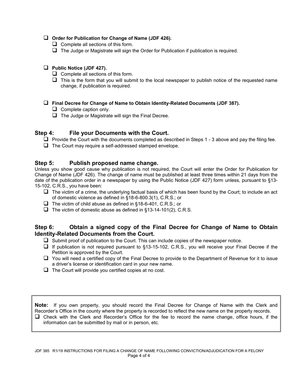 Form JDF385 Instructions for Filing a Change of Name Following Conviction / Adjudication for a Felony - Colorado, Page 4