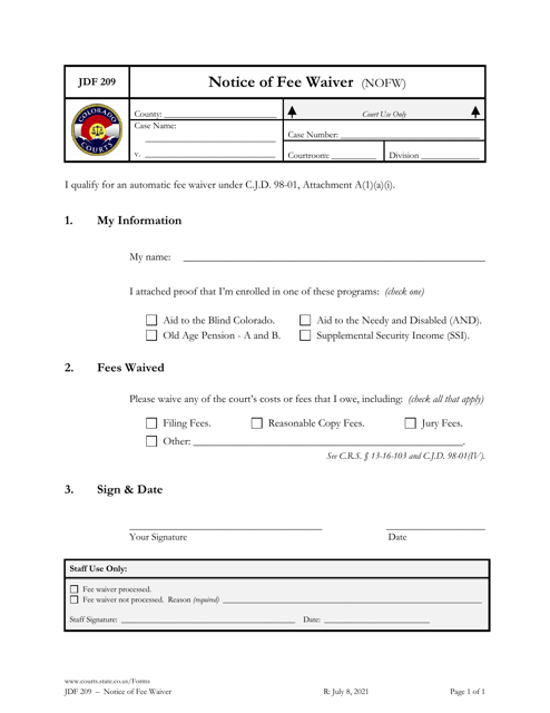 Form JDF209 Notice of Fee Waiver - Colorado