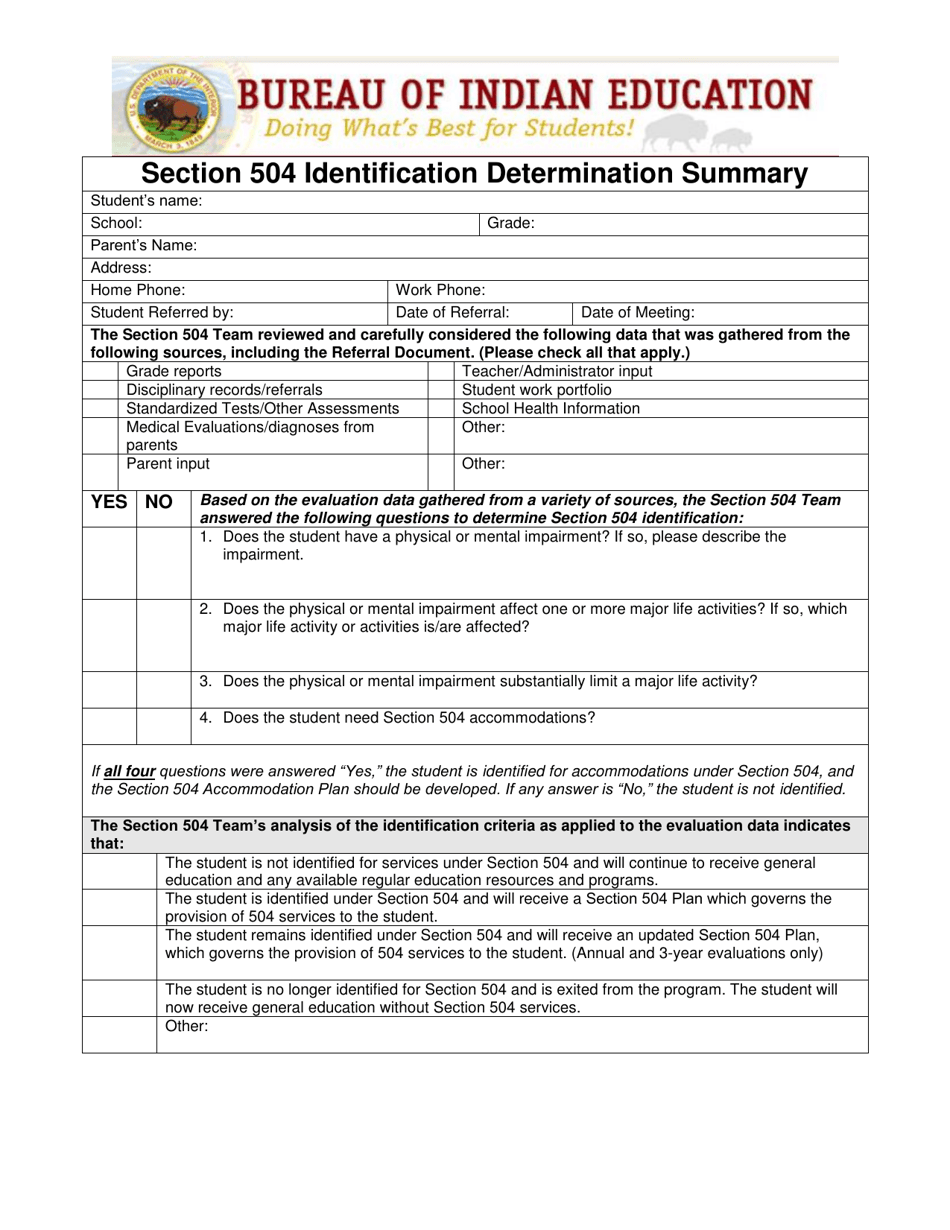 Section 504 Identification Determination Summary, Page 1