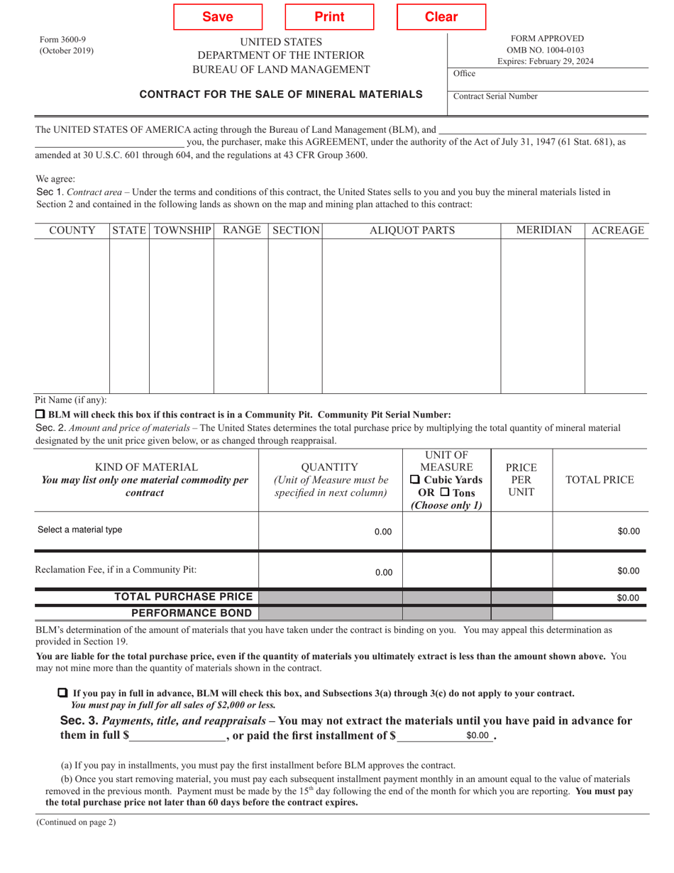 Form 3600-9 Contract for the Sale of Mineral Materials, Page 1
