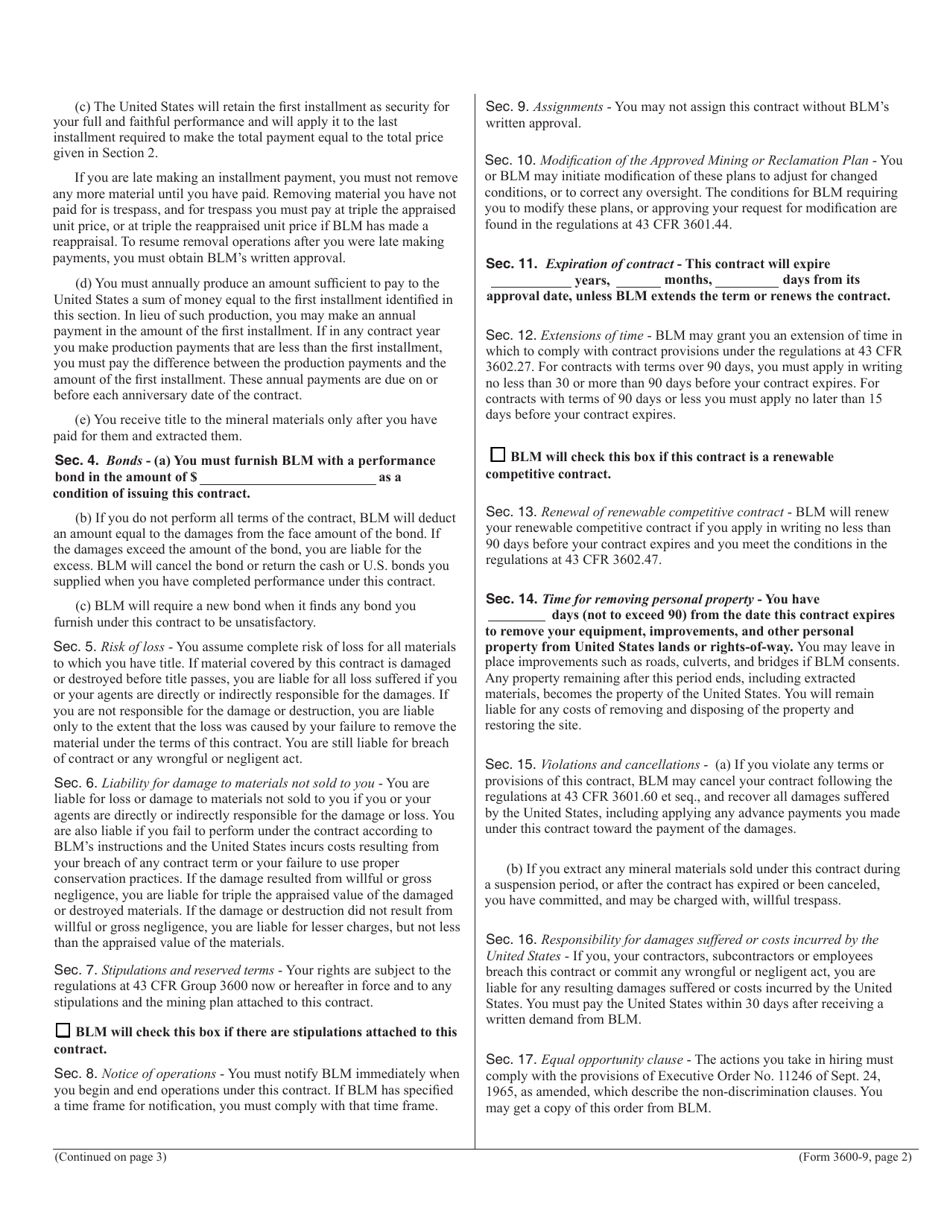 Form 3600-9 Contract for the Sale of Mineral Materials, Page 2