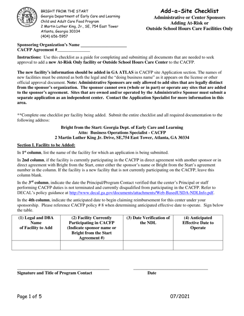 Add-A-site Checklist - Administrative or Center Sponsors (Adding at-Risk or Outside School Hours Care Facilities Only) - Georgia (United States) Download Pdf