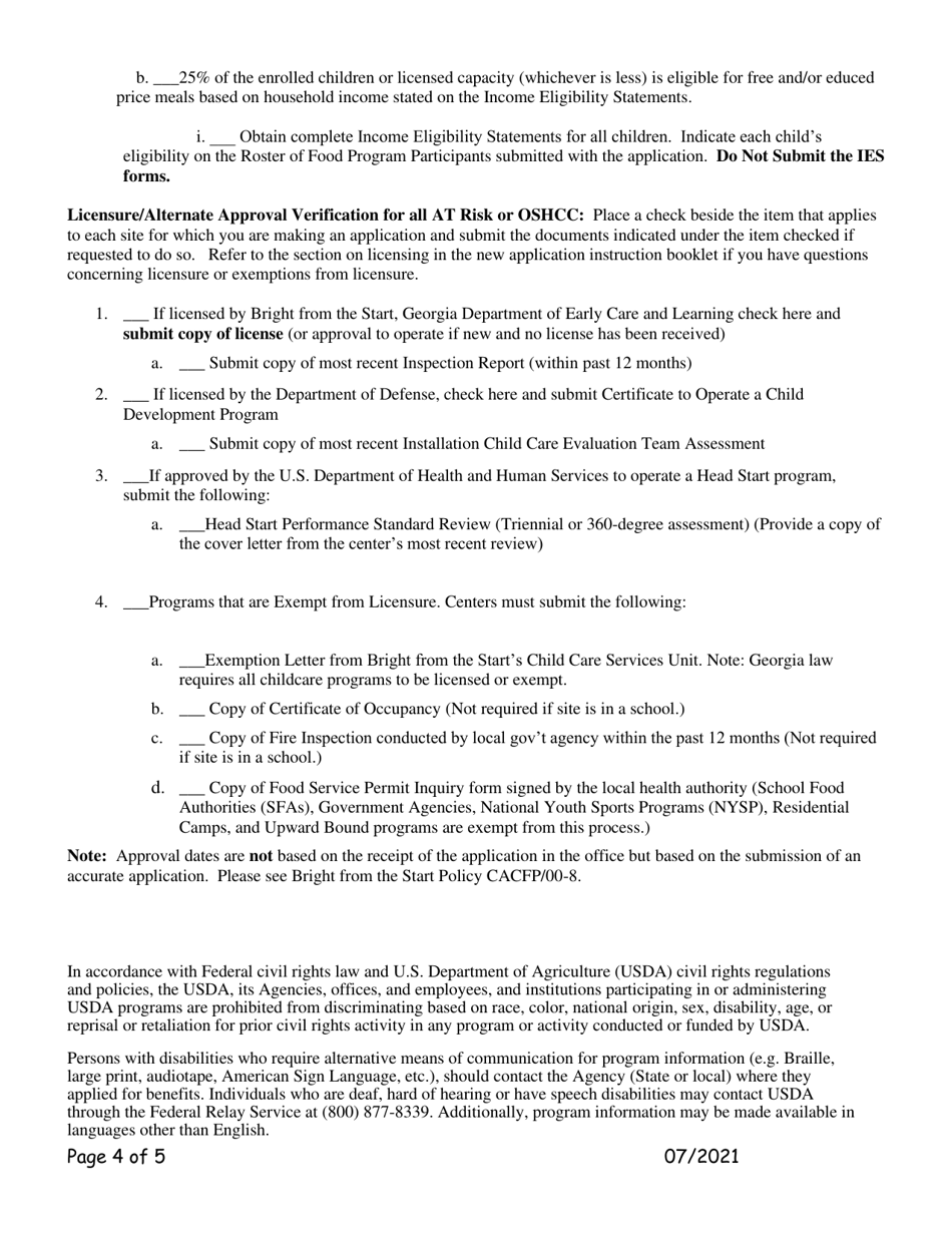 Add-A-site Checklist - Administrative or Center Sponsors (Adding at-Risk or Outside School Hours Care Facilities Only) - Georgia (United States), Page 4