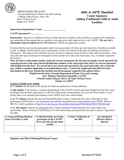 Add-A-site Checklist - Center Sponsors (Adding Traditional Child or Adult Facilities) - Georgia (United States) Download Pdf