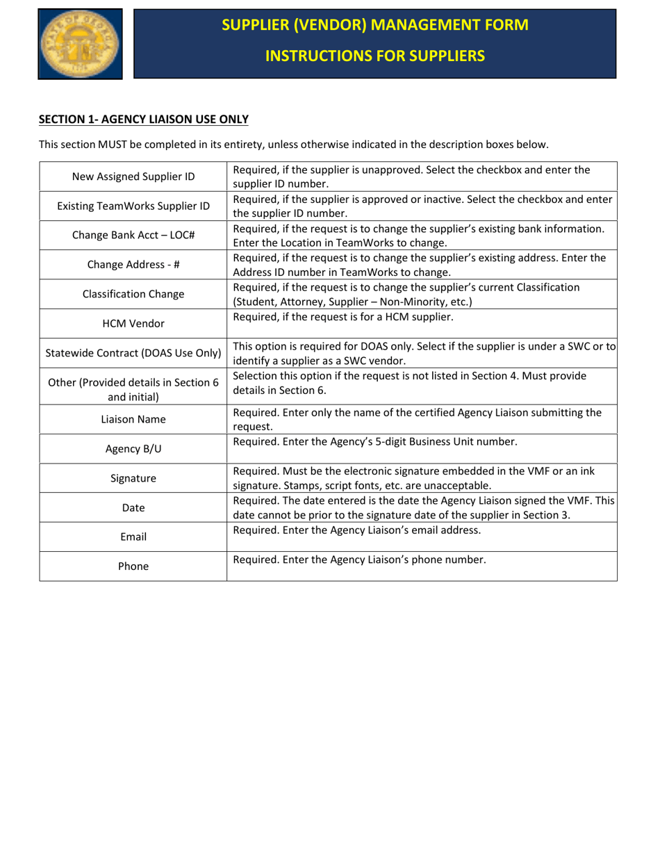 Supplier (Vendor) Management Form - Georgia (United States), Page 1