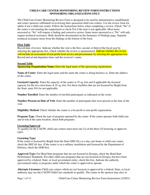 Instructions for Child Care Center Monitoring Form - Georgia (United States) Download Pdf