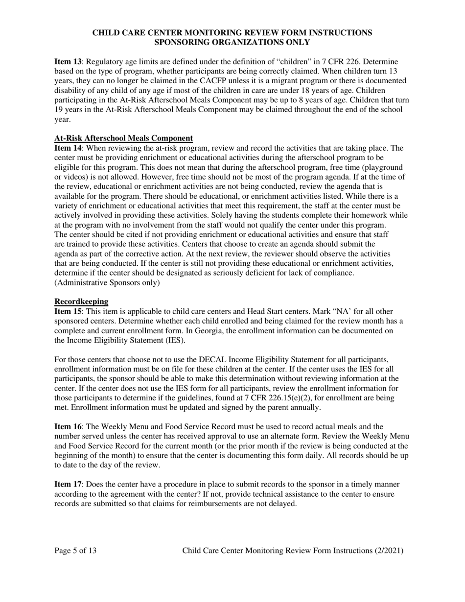 Instructions for Child Care Center Monitoring Form - Georgia (United States), Page 5