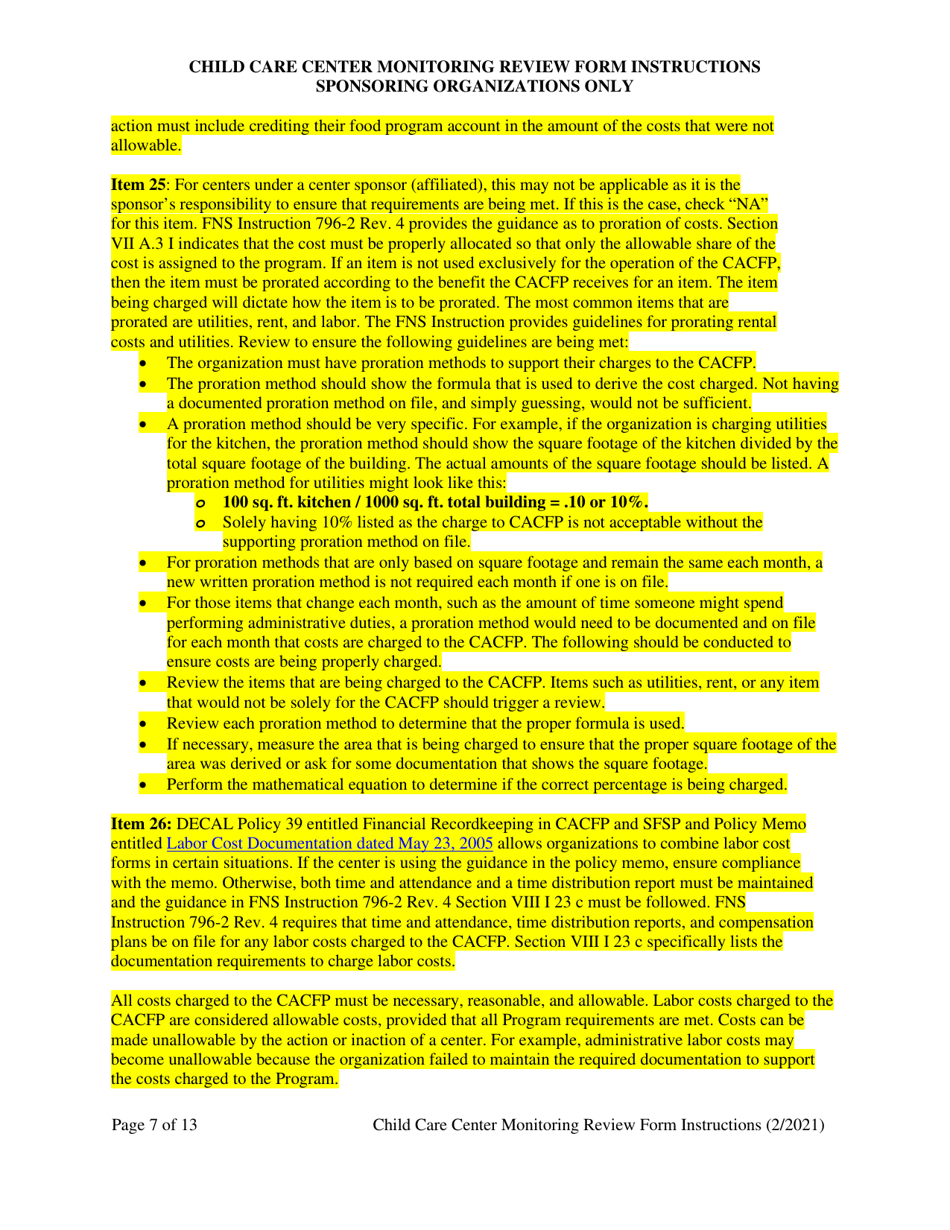 Instructions for Child Care Center Monitoring Form - Georgia (United States), Page 7