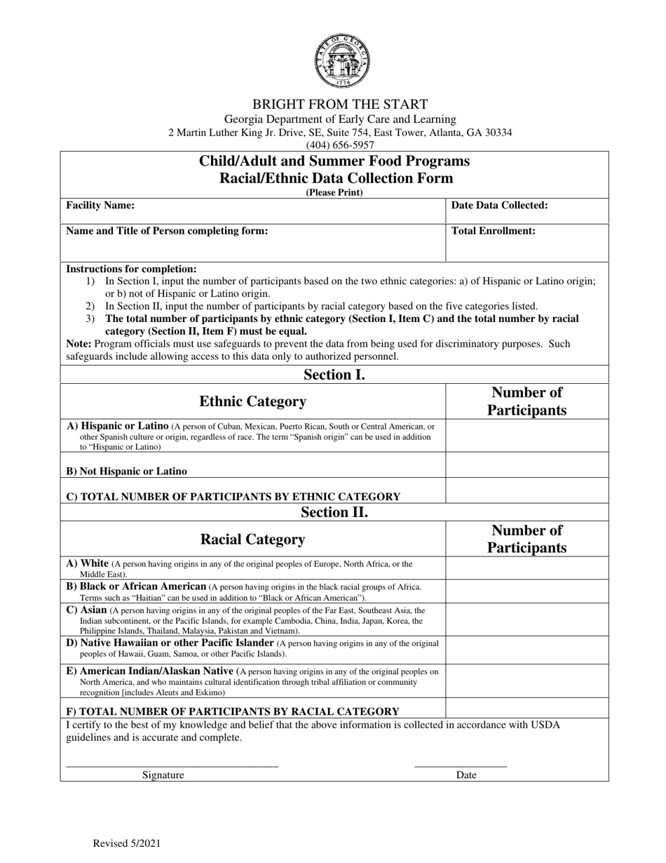 Child / Adult and Summer Food Programs Racial / Ethnic Data Collection Form - Georgia (United States), Page 1