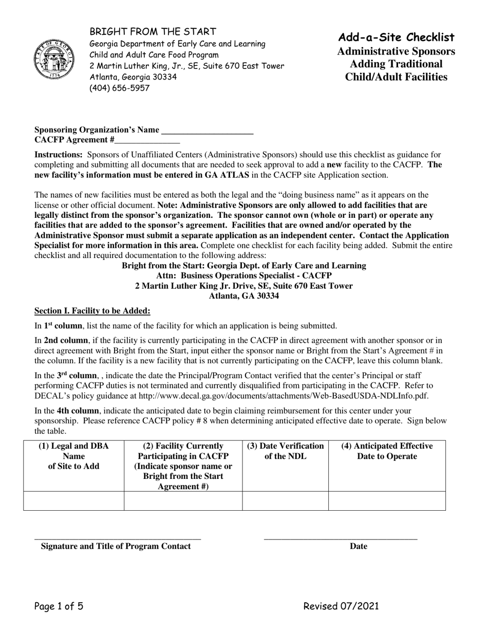 Add-A-site Checklist - Administrative Sponsors (Adding Traditional Child/Adult Facilities) - Georgia (United States), Page 1