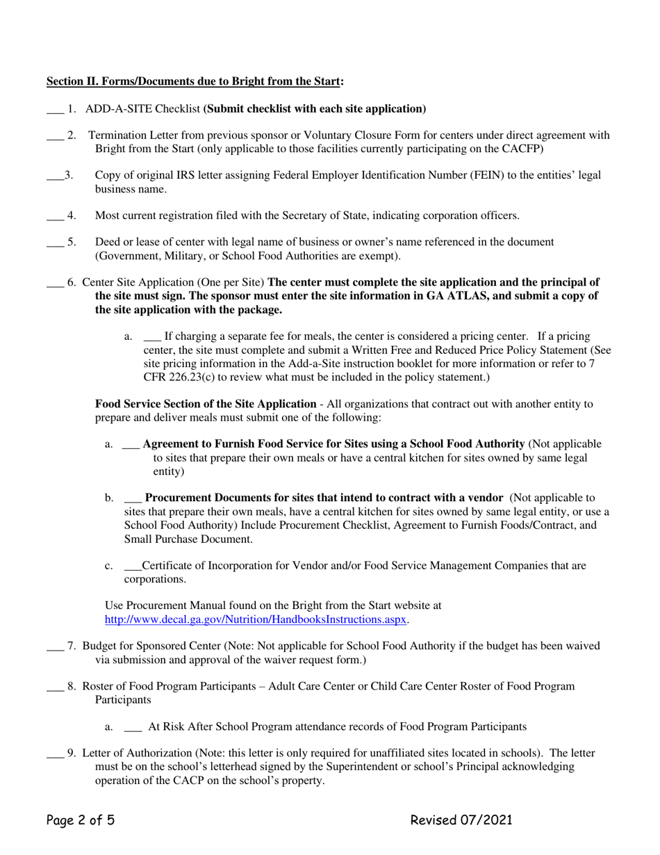 Add-A-site Checklist - Administrative Sponsors (Adding Traditional Child / Adult Facilities) - Georgia (United States), Page 2