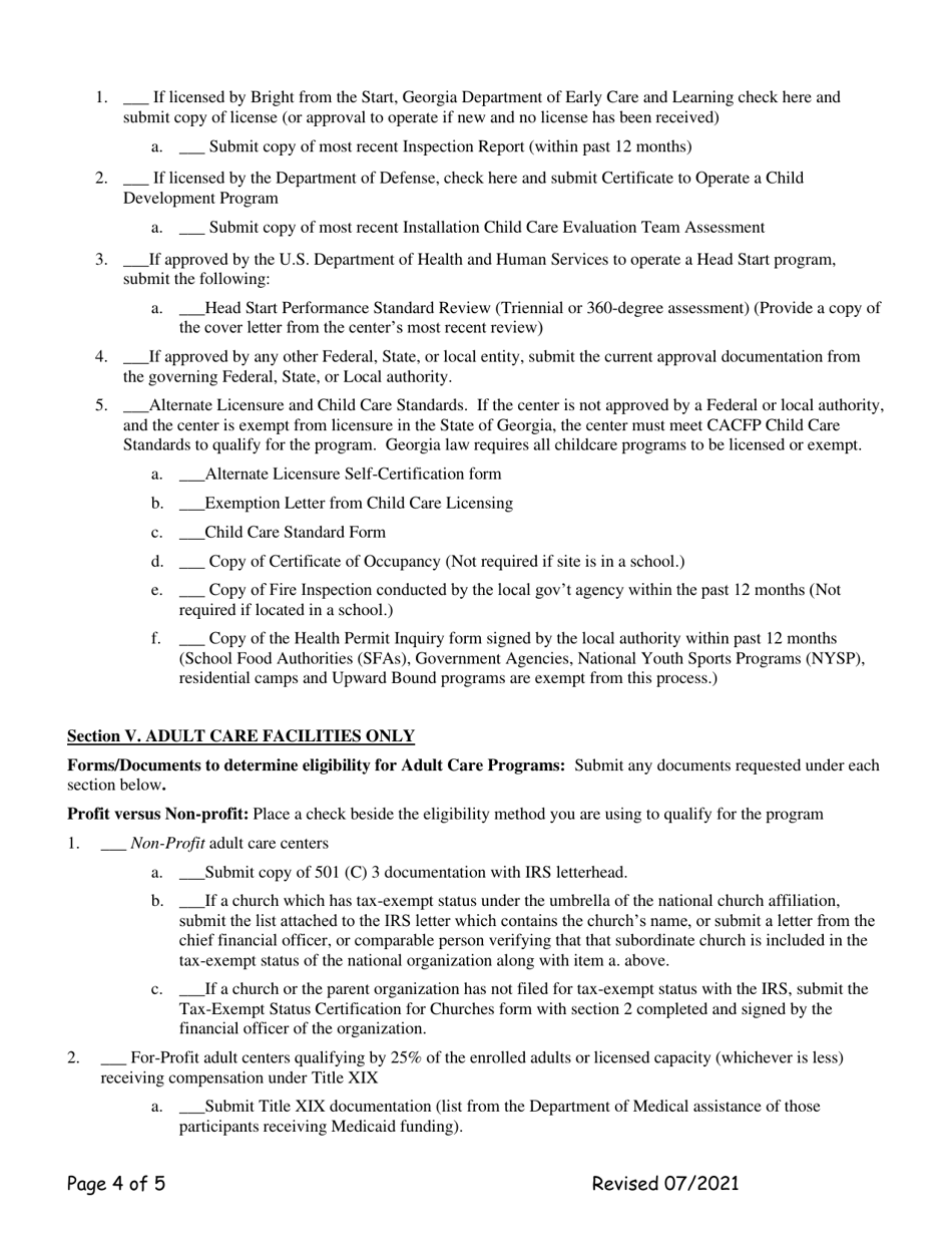 Add-A-site Checklist - Administrative Sponsors (Adding Traditional Child / Adult Facilities) - Georgia (United States), Page 4