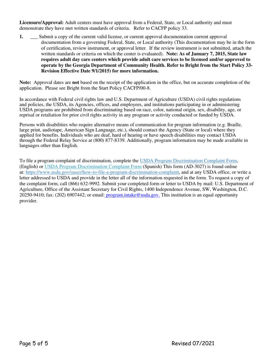 Add-A-site Checklist - Administrative Sponsors (Adding Traditional Child / Adult Facilities) - Georgia (United States), Page 5