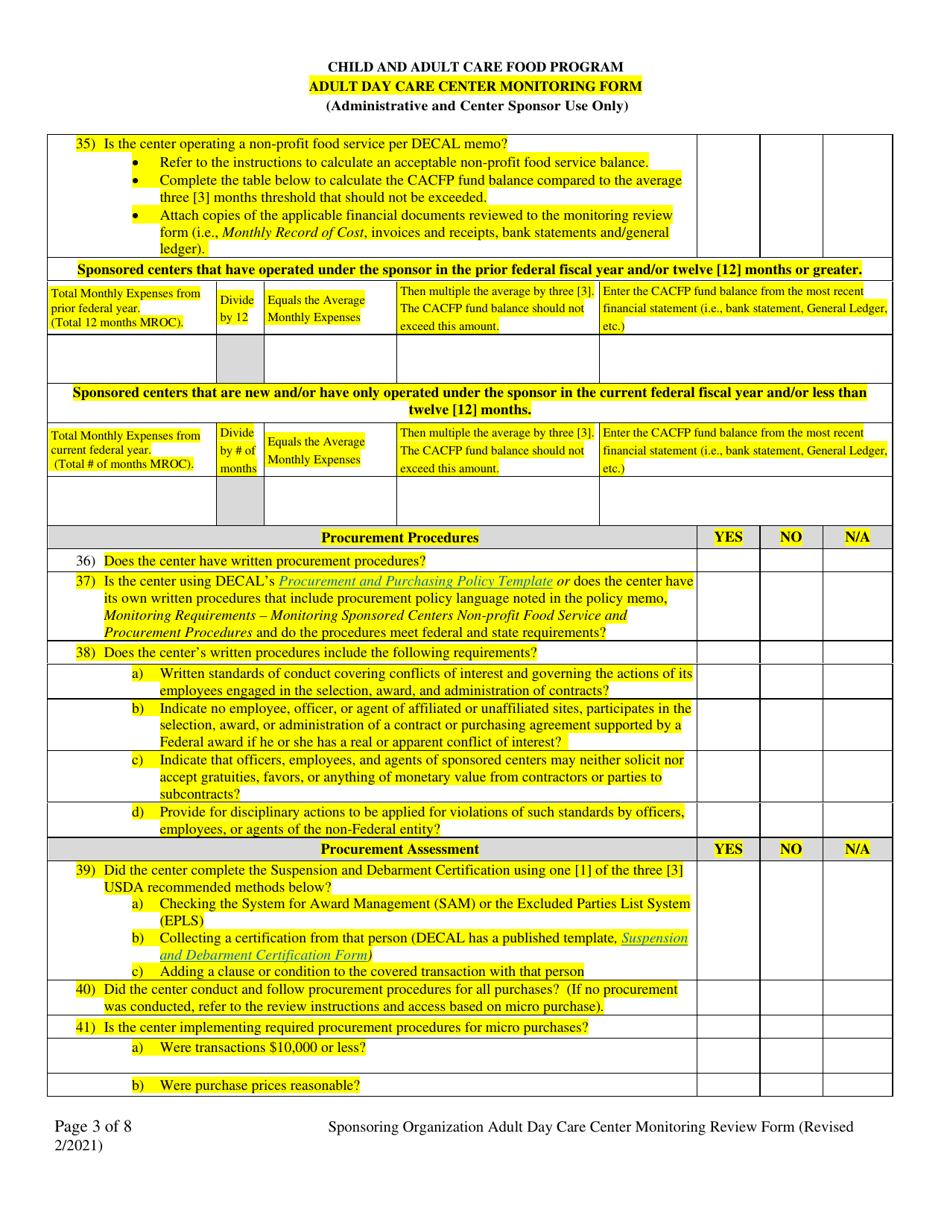 Adult Day Care Center Monitoring Form - Georgia (United States), Page 3