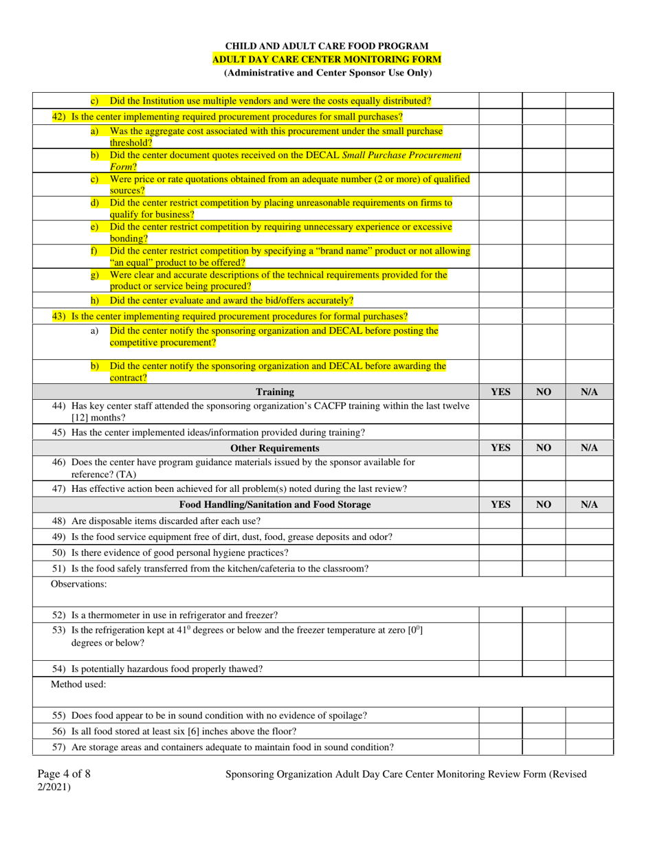 Adult Day Care Center Monitoring Form - Georgia (United States), Page 4