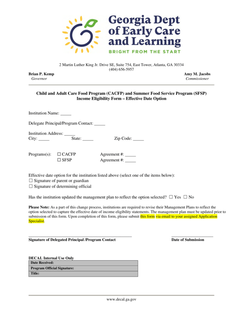 "Child and Adult Care Food Program (CACFP) and Summer Food Service Program (Sfsp) Income Eligibility Form - Effective Date Option" - Georgia (United States) Download Pdf