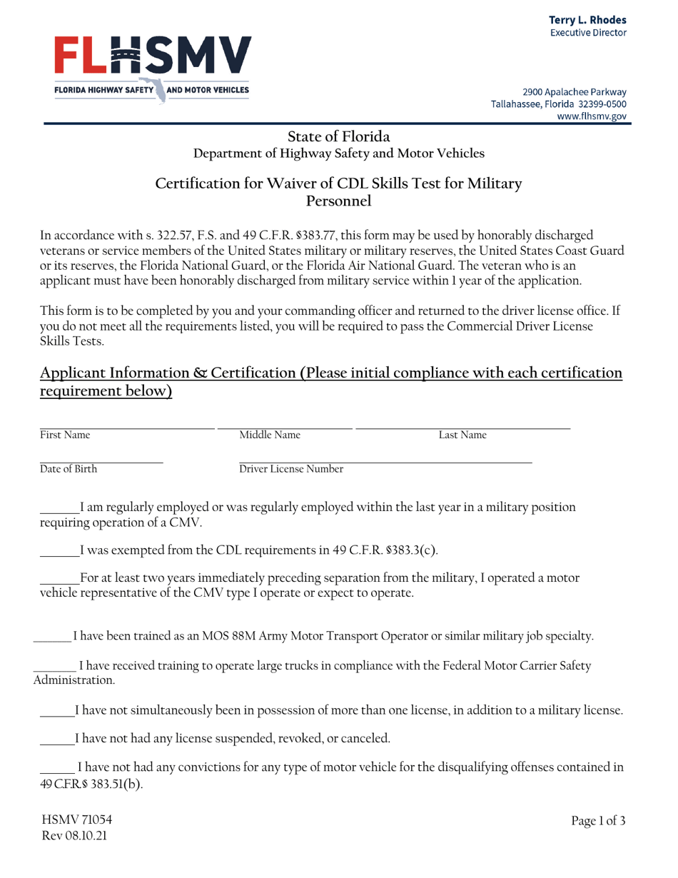 Form HSMV71054 Certification for Waiver of Cdl Skills Test for Military Personnel - Florida, Page 1