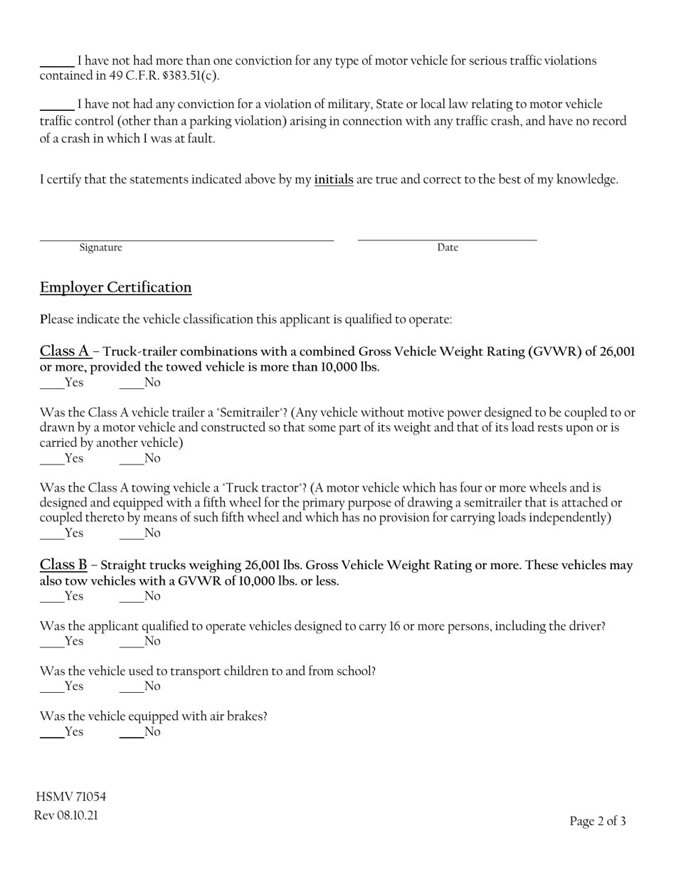 Form HSMV71054 Certification for Waiver of Cdl Skills Test for Military Personnel - Florida, Page 2