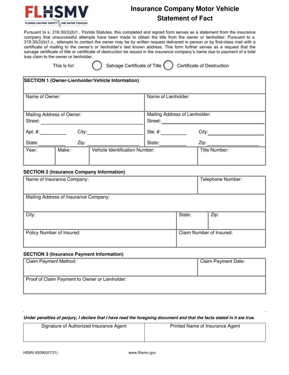 Form HSMV82090 Insurance Company Motor Vehicle Statement of Fact - Florida, Page 1