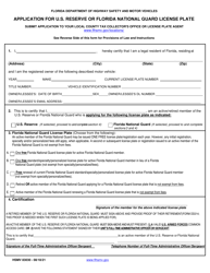 Form HSMV83030 &quot;Application for U.S. Reserve or Florida National Guard License Plate&quot; - Florida