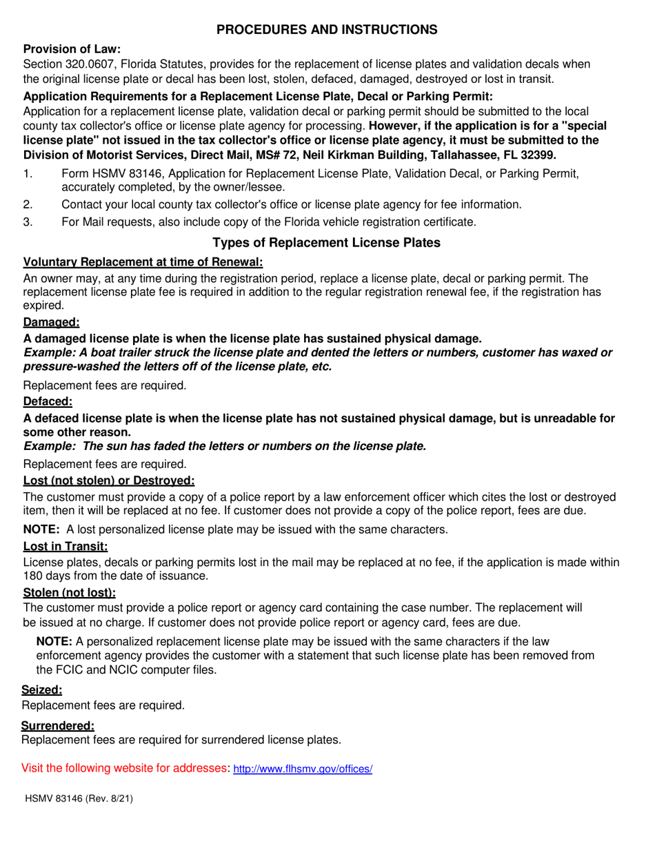 Form HSMV83146 Application for Replacement License Plate, Validation Decal or Parking Permit - Florida, Page 2