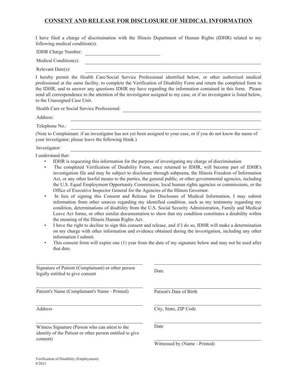 Medical Release and Consent Form and Disability Questionnaire for Employment - Illinois, Page 1