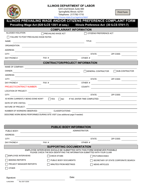 Form IL452CM04 Illinois Prevailing Wage and/or Citizens Preference Complaint Form - Illinois