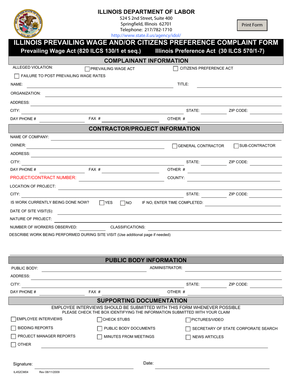 Form IL452CM04 Illinois Prevailing Wage and / or Citizens Preference Complaint Form - Illinois, Page 1