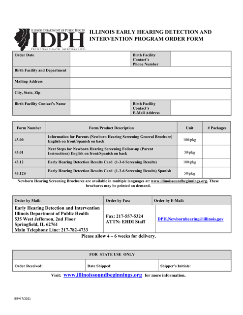 Illinois Early Hearing Detection and Intervention Program Order Form - Illinois Download Pdf