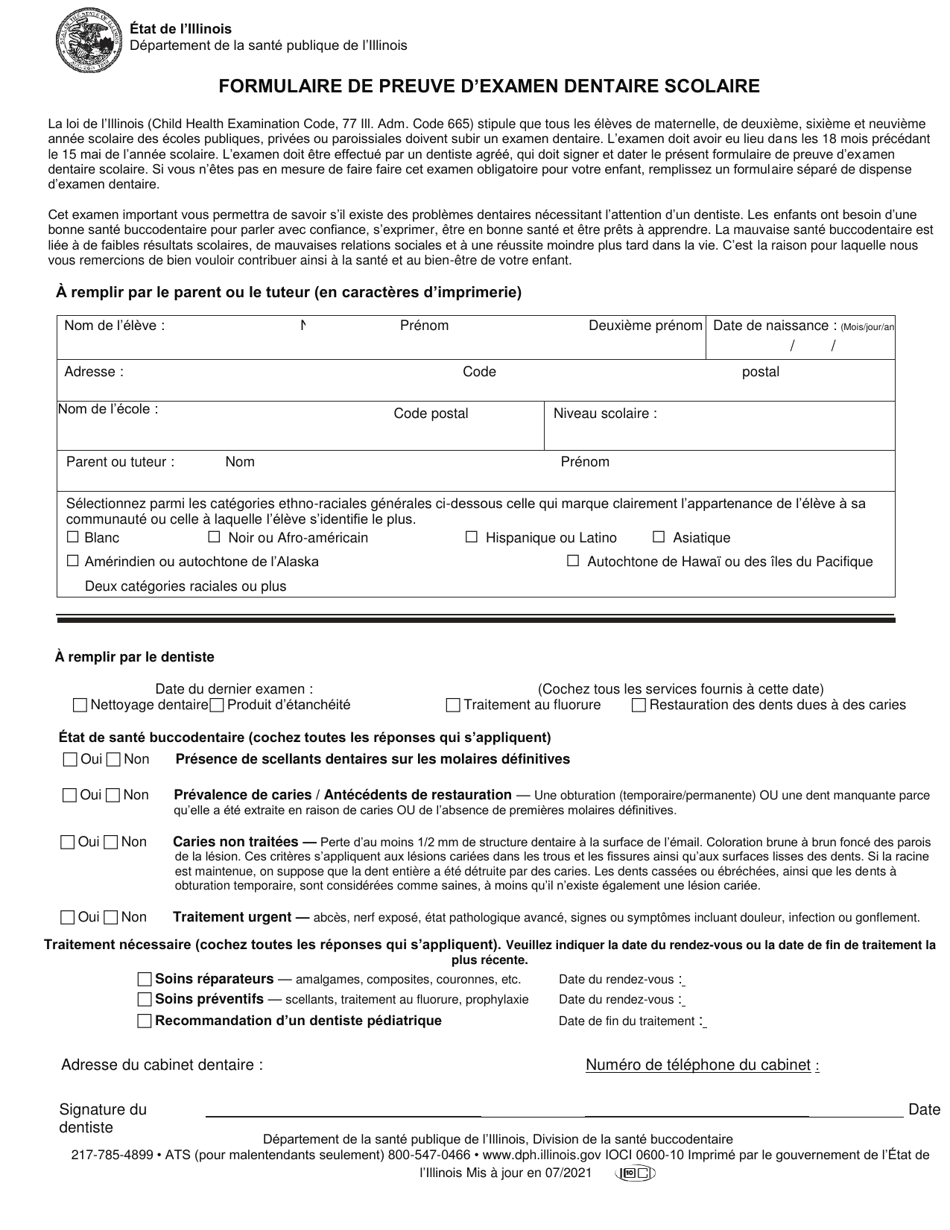Proof of School Dental Examination Form - Illinois (French), Page 1