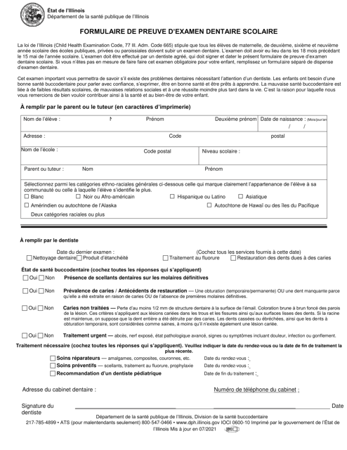 Proof of School Dental Examination Form - Illinois (French) Download Pdf