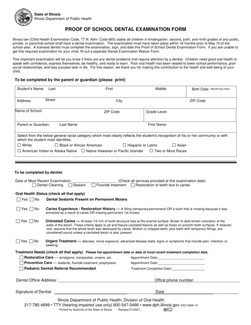 Proof of School Dental Examination Form - Illinois Download Pdf