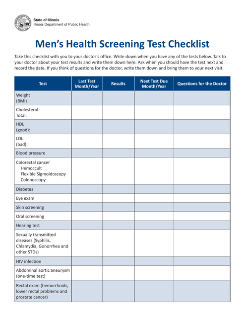Men's Health Screening Test Checklist - Illinois Download Pdf