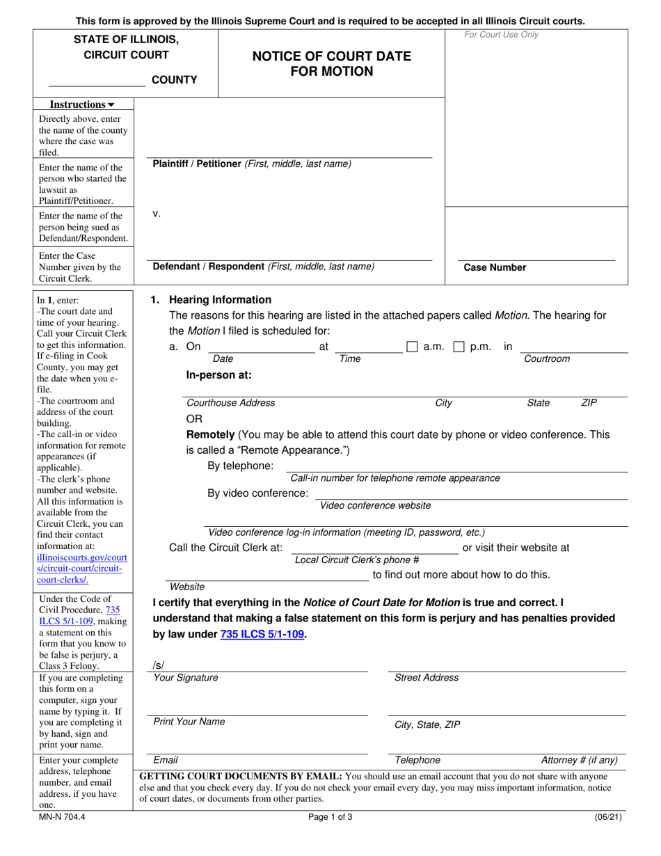 Form MN-N704.4 Notice of Court Date for Motion - Illinois, Page 1