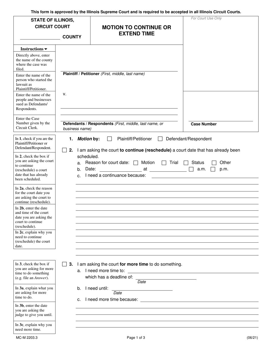Form MC-M2203.3 Motion to Continue or Extend Time - Illinois, Page 1
