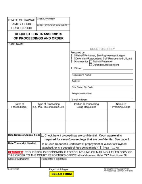 Form 1F-P-3022 Request for Transcripts of Proceedings and Order - Hawaii
