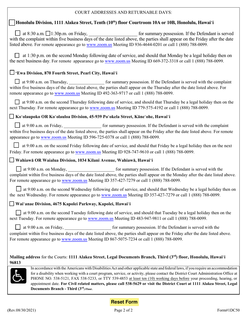Form 1DC50 Summons - Hawaii, Page 2
