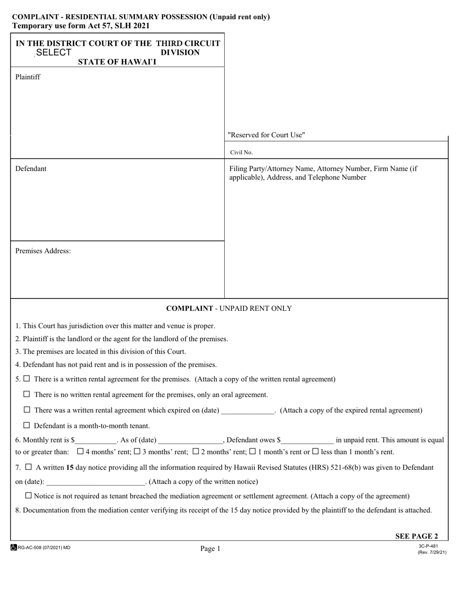 Form 3C-P-481 Complaint - Residential Summary Possession (Unpaid Rent Only) - Hawaii, Page 1