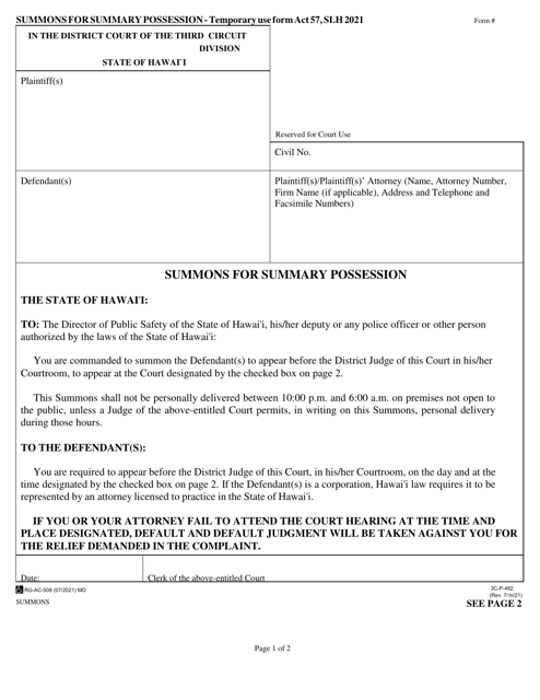 Form 3C-P-482 Summons for Summary Possession - Hawaii